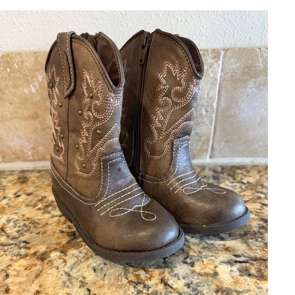 Cherokee kids Brown Western Mid-Calf Boots US 7 Side Zip Embroidered Round Toe